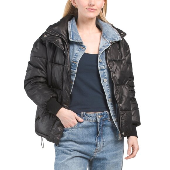 BLANK NYC Run The Show Nylon And Denim Puffer Jacket